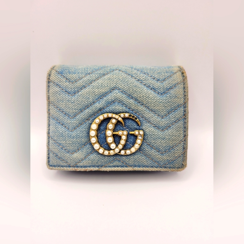 Gucci Blue Quilted Denim Pearl Gg Marmont Small Flap Wallet Card Case